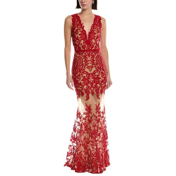 Marchesa Notte WomensSleeveless Deep V-Neck Embroidered Gown, Red